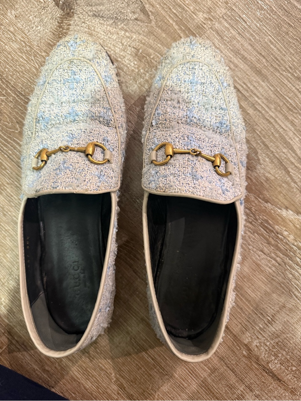 Gucci Cream and Light Blue Tweed Horsebit Loafers
